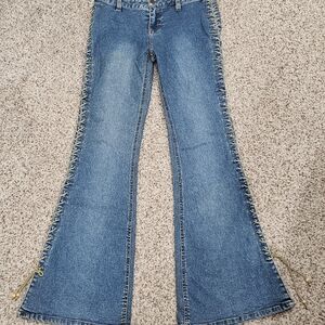 Vintage Y2K Mudd Flare Jeans With Lace-Up Detail Size 7 Medium Wash